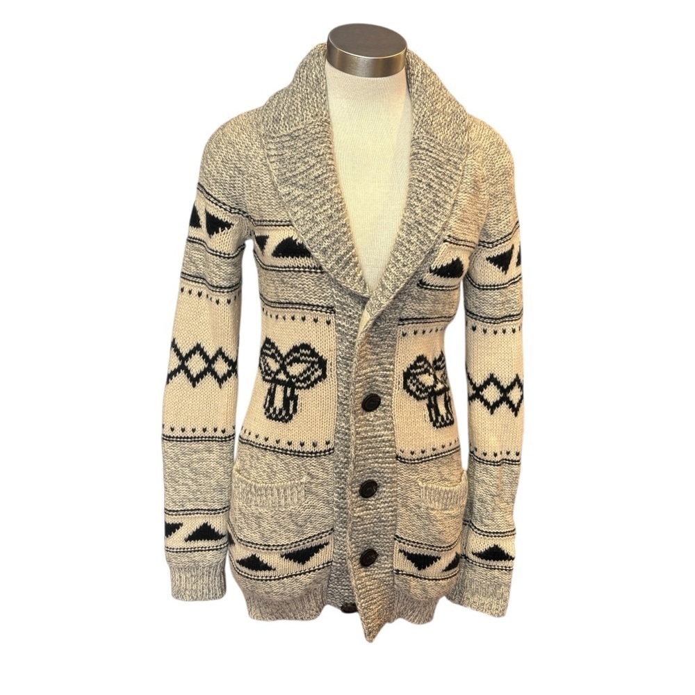 TNA Womens Cardigan Cowichan Button Up Lambswool Long Cream Black Sz. M - Picture 1 of 8